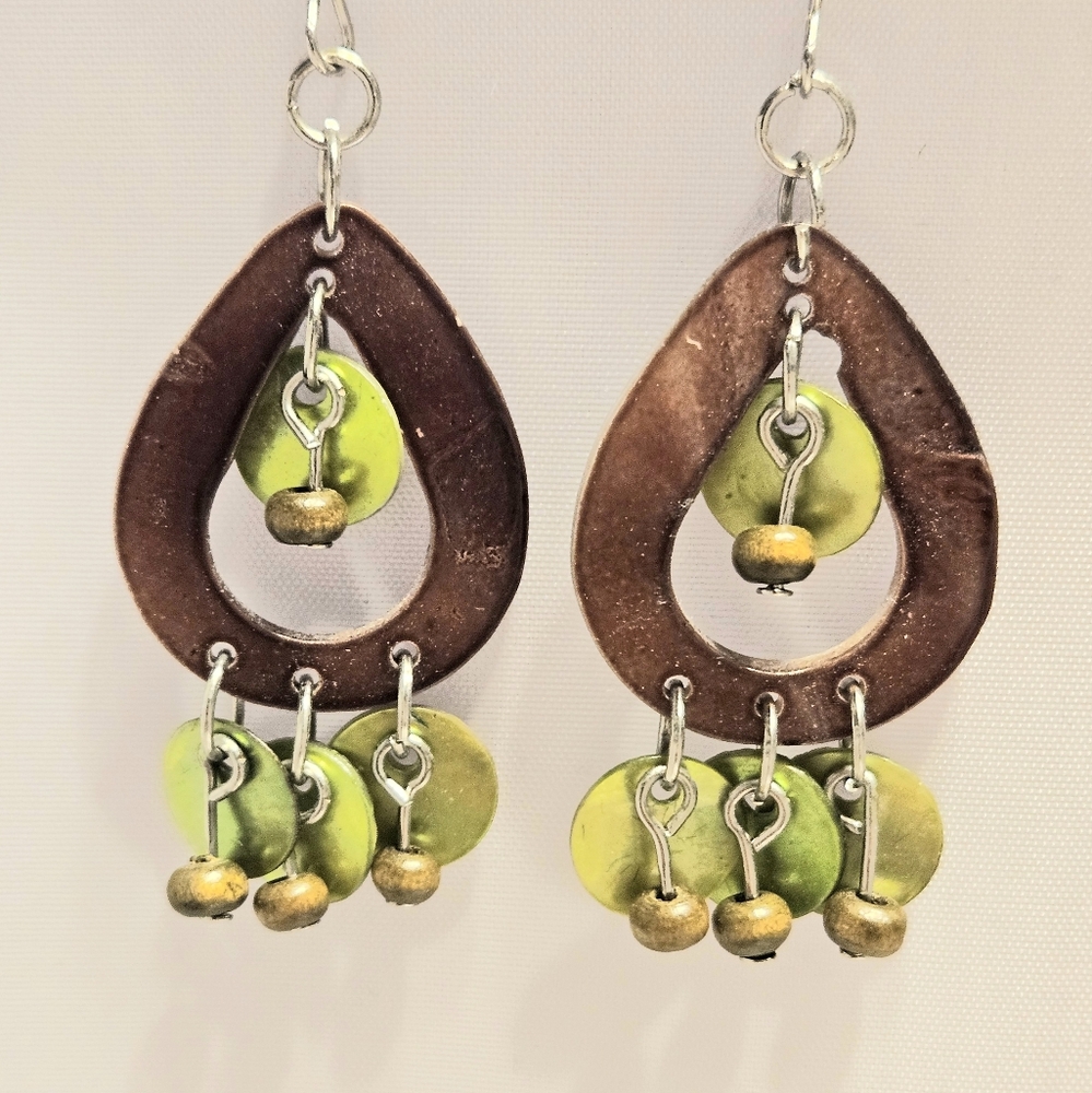 Bohemian Teardrop Wood and Green Dangle Earrings